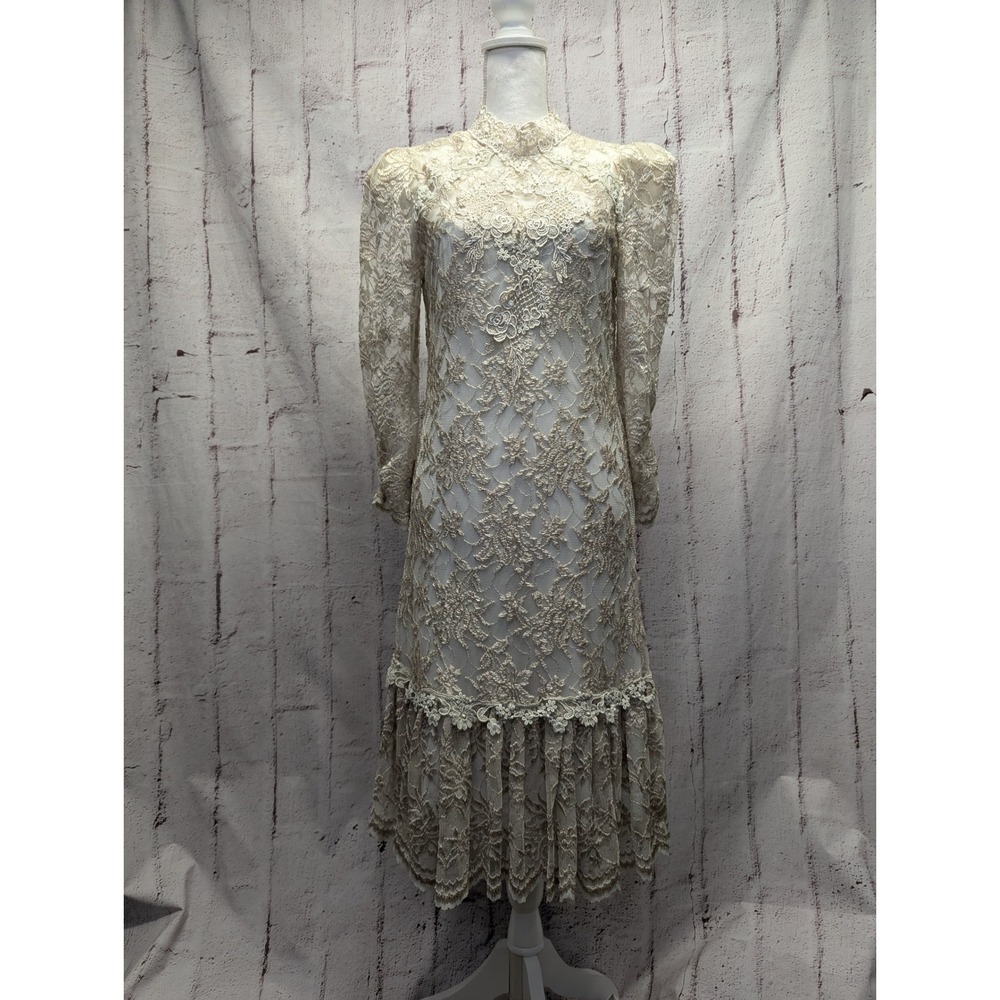 Vintage Womens Long Sleeve Cream Fairy Victorian Dress Elegant Lace Mesh Party B